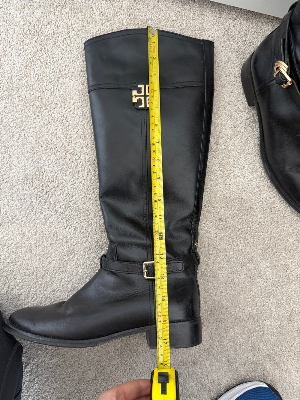 Tory Burch Black Leather Knee-High Boots with Gold Logo - Picture 13 of 16